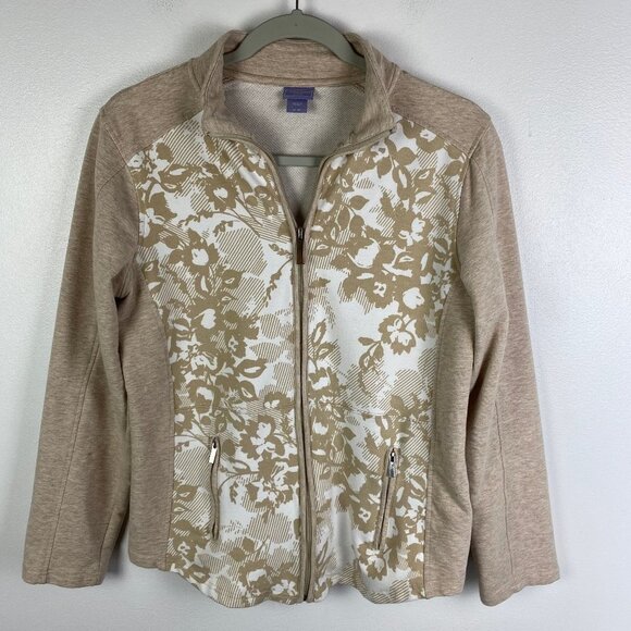 Laura Scott Women's Petite Medium Tan White Floral Full Zip Track‎ Jacket - Picture 7 of 8